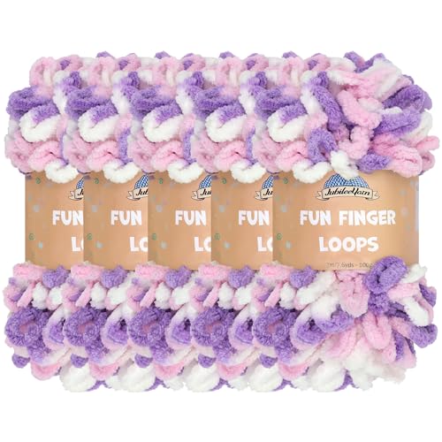 JubileeYarn Fun Finger Loops Yarn - 100g/Skein Jumbo Polyester Team Spirit - Purple Pink White - 5 Skeins - color: 009 Purple Pink White