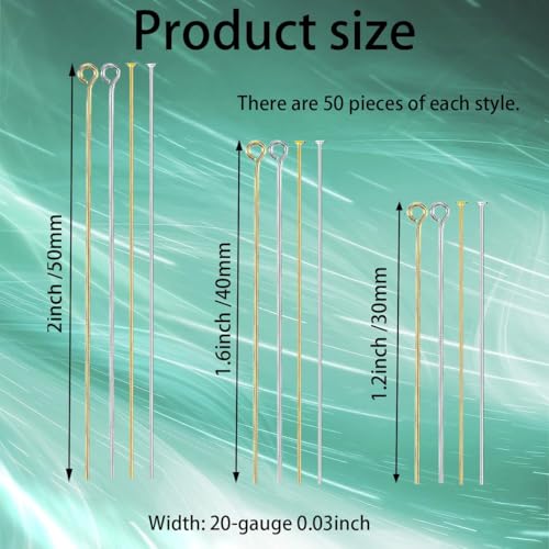 600Pcs Flat Head Pins Eye Pins for Jewelry Making Supplies Metal End Headpins for Craft Earring Bracelet Necklace Pendant Supplies, 1.2", 1.6", 2", Gold and Silver - color: Gold+Silver, size: 2In 1.6In 1.2In(Flat Head + Eye)