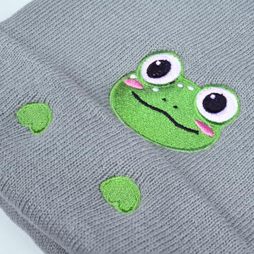 Personality Animal Head Embroidery Knit Beanie Hat for Adult and Big Kids Winter Warm Skull Cuffed Hats - color: Frog-grey