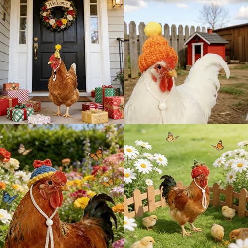 16Pcs Chicken Hats Adjustable Mini Hat, Hand Knitted Desk Goose Outfits kit | Small Animals Cap for Real Hamster, Lizard Dragon, Bird, Ferret, Chicken, Hamster Hats Outfits, Party Costume Accessories