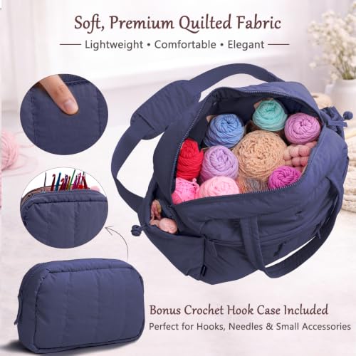 MYBAGZING Stylish Crochet Bag Organizer with Crochet Hook Case, Large Capacity Yarn Bag for Crocheting on the Go, Soft Quilted Crochet Tote with 7 Compartments, Knitting Project Carry-On Travel Gift - color: Navy