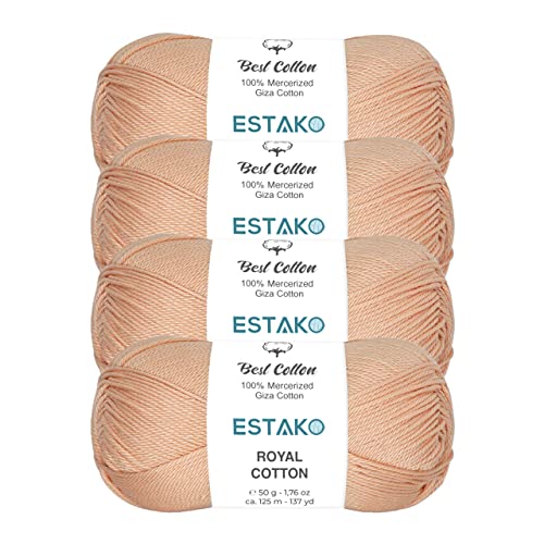 Estako Royal Cotton, 100% Mercerized Giza Cotton Yarn, Peach, 4-Pack | soft, silky sheen, super fine, fingering 1, sock weight, 200 g, 548 yds, baby clothes, summer tops - color: 5053, size: 4 Skeins