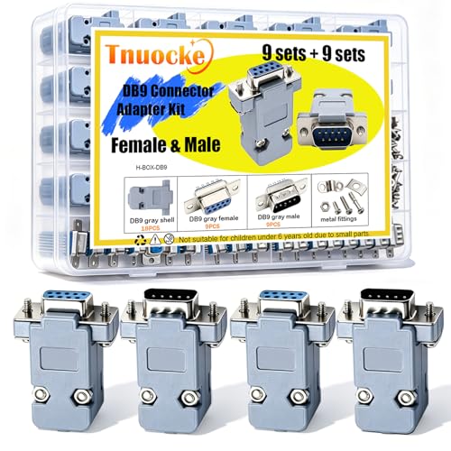 18Pack DB9 Connector Adapter Kit, 9 Pin D-SUB Male/Female Solder Cup Connectors, Tin Plated Housing, Lightweight Gray Plastic Hoods, Individually Bagged