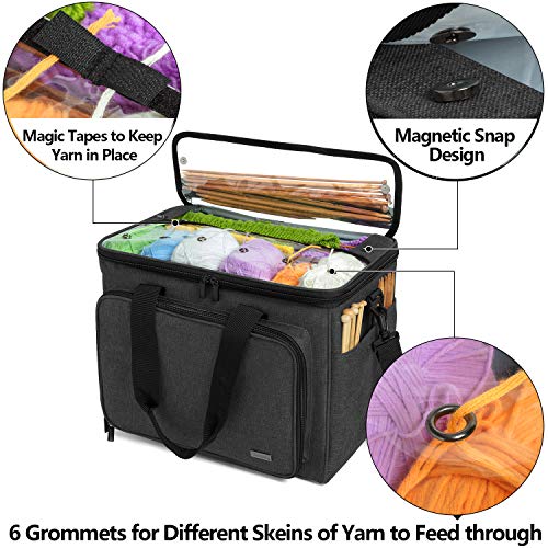 Teamoy Knitting Bag, Yarn Storage Organizer Crochet Bag Tote, Black | Yarn Holder with Inner Divider(Sewn to Bottom) for Crochet Hook, Knitting Needles(Up to 14"), Project and Crocheting Supplies - color: Black