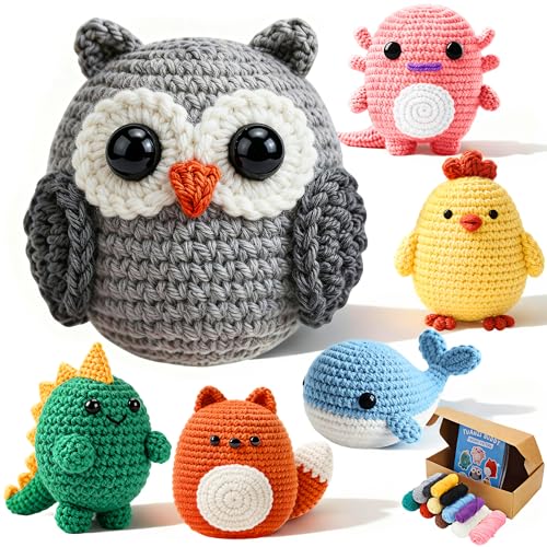 Joyclub Crochet Kit for Beginners 6 Animal Family with Video for Adults | Amigurumi animal with step-by-step video and 40% extra yarn for first projects crochet starter; DIY gifts for adult crafters - color: Colorful Animal