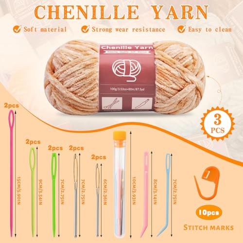 LUNARM Chenille Yarn 3 Pack 3.5oz Chunky Blanket Velvet Yarn 263 Yard | Light Brown Chunky Chenille Yarn for Beginners Crocheting Hand Knitting Scarves with Big Eye Needles Machine Washable - color: Light Brown