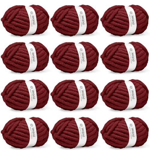 Inhand Dark Red Chunky Chenille Yarn for Hand Knitting,Thick Bulky Mom Blanket Yarn for Crocheting,Soft Fluffy Yarn for Mother’s Day Gifts and Crafts for Women/Grandma,12 Pack (29.5Yds/8.4oz Each) - color: Dark Red, size: 12 Pack