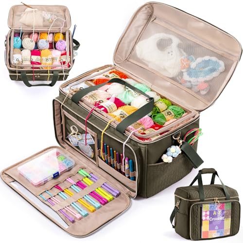 MYBAGZING Large Yarn Storage Bag,Crochet Bag Organizer,Yarn Bags for Crocheting,Crochet Storage Bag with Pockets for Crochet Hooks, Crochet Accessories,Knitting Bags,Gifts for Crocheters - color: Green, size: Large