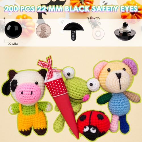MUCUNNIA 400pcs 22mm Safety Eyes for Amigurumi with Washers Plastic Black Safety Eyes for Crochet Craft Safety Eyes for DIY Halloween Decorations Crochet Stuffed Animals Crafting - size: 22mm