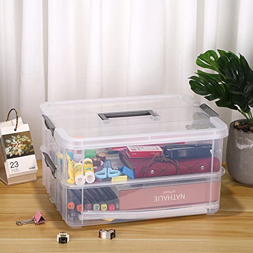 BTSKY 2 Layer Stack & Carry Box, Plastic Multipurpose Portable Storage Container Box Handled Organizer Storage Box for Organizing Stationery, Sewing, Art Craft, Jewelry and Beauty Supplies Dark Grey | Multipurpose Craft Organizers and Storage for Organizi