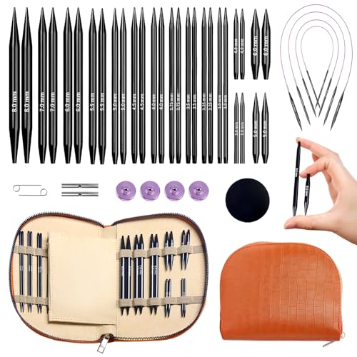 Yarniss 15 Pairs Interchangeable Circular Knitting Needle Combo with Case | 4.5-Inch Round Aluminum Knitting Needle 3.0~8.0mm & 2.16-Inch Shorties Needles US Size 2.5-10 - color: Brown