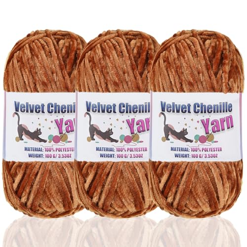 3 * 100g Fluffy Velvet Chenille Yarn for Crocheting and Knitting, Handcrafts Weaving Soft Chenille Yarn for Crocheting Clearance, Used for Making Baby Yarn Blanket, Clothes (3 - Coffee) - color: 3 - Coffee