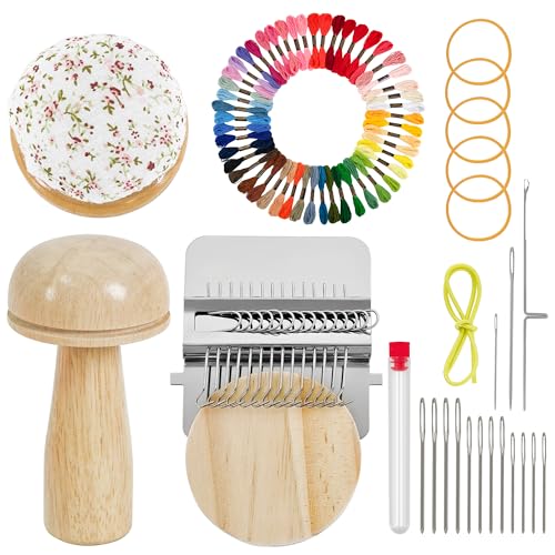 Mini Darning Loom,Handcraft DIY Weaving Repair Darning Kit for Beginner | Mushroom Knit Patch Kit with 14 Hooks Small Weaving Loom 14 Large Eye Needles 50 Color Threads 1 Floral Print Cushion - color: Mushroom-14 Hook