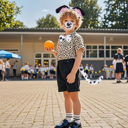 Jmkcoz 4 Pcs Dalmatian Dog Costume Set Puppy Dog Ears Headband and Tail Nose Bow Tie for 100 Days of School Halloween Cosplay - color: Black