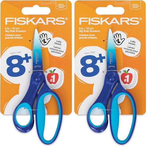 Fiskars 6" Left-Handed Big Kids Scissors for Ages 8-11, Scissors for School or Crafting, Back to School Supplies, Ombre Blue-Turquoise,(Pack of 2) - size: 2 Pack