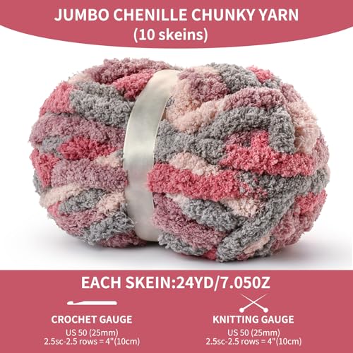 10 Pack Jumbo Chunky Yarn for Hand Knitting, Fluffy Variegated Chunky Chenille Yarn for Crocheting, 240yds/70.5oz Super Bulky Soft Crochet Baby Blanket Yarn(Grey-Pink-Purple) - color: Grey-Pink-Purple