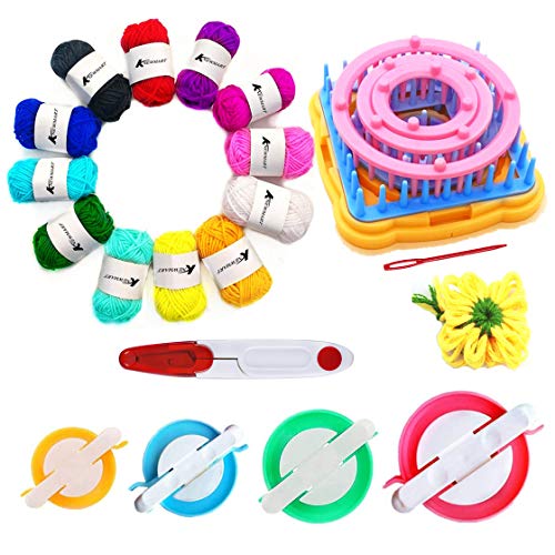 Knewmart Weaving Loom Kit, 8pcs Flower Maker Wool Knitting Ball Maker Weaving Tools Knitting Craft Weaver Loom - with Needle (Flower Maker + Pom Maker + Yarn + Scissors) - size: Flower Maker + Pom Maker + Yarn + Scissors