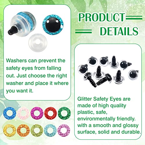 TOAOB 120pcs Glitter Plastic Safety Eyes 10mm Crafts Doll Eyes 10 Colors Half Round Craft Crochet Eyes with Washers for Stuffed Animals Amigurumis Bears Dolls Making - size: 10mm