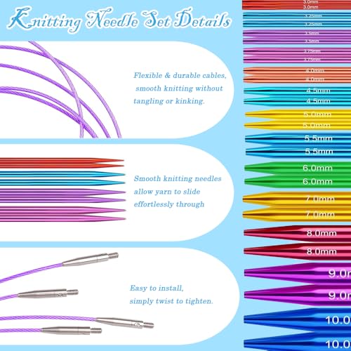 Yarniss 4-Inch Circular Knitting Needle Set with Case,Size 3.0~10.0mm | 13 Pairs Interchangeable Aluminum Knitting Needles with 4 Cables - color: Blue