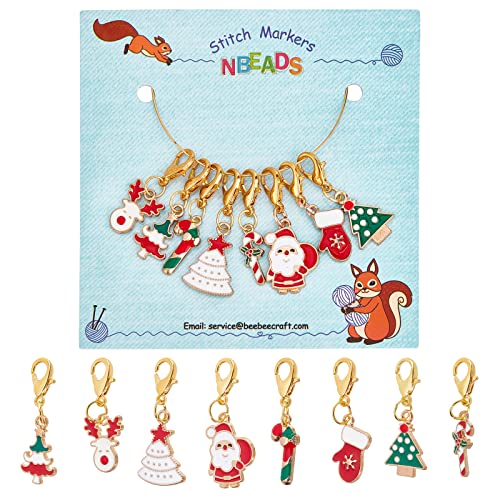 NBEADS 8 Pcs Christmas Theme Stitch Markers, 8 Styles Christmas Tree/Christmas Reindeer Alloy Enamel Crochet Stitch Marker Charms Locking Stitch Marker for Knitting Weaving Sewing Handmade Jewelry - color: Christmas Theme