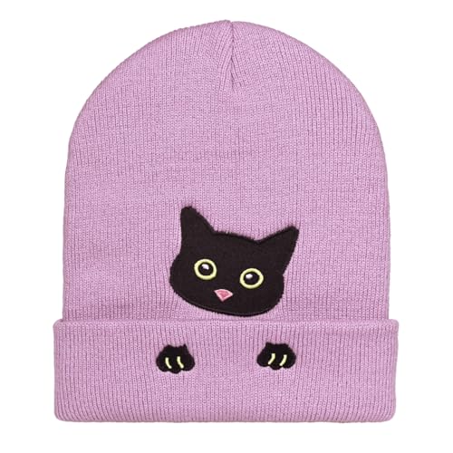 Personality Animal Head Embroidery Knit Beanie Hat for Adult and Big Kids Winter Warm Skull Cuffed Hats - color: Cat-purple