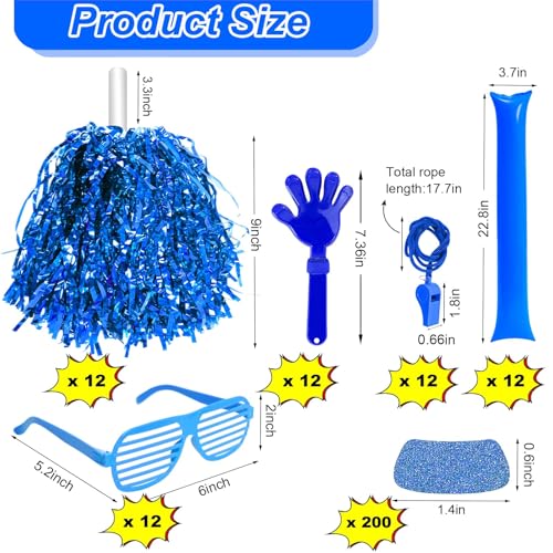 148 Pcs Team Spirit Accessories,Cheerleading Pom Poms Hand Clappers Noisemakers Whistles Shutter Glasses Eye Black Sticker for Sports Events Football Baseball School - color: Blue