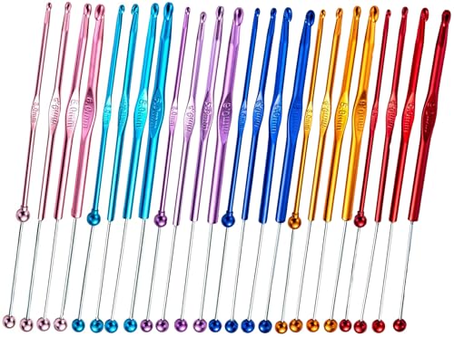 24 Pack DIY Beadable Crochet Hooks Knitting Needles Set Aluminum Handle for Focal Beads Colors (Blue Purple Red Orange Pink Light Blue, 3mm-6 mm) - size: 3-6 mm