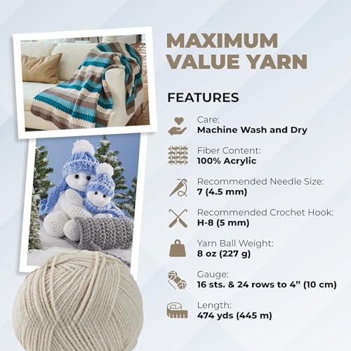 Mary Maxim Maximum Value Acrylic Yarn for Crocheting and Knitting, Soft Worsted Weight Yarn 4, Ideal for Blankets, Sweaters, Hats, and Scarves, 8 oz Skein (474 Yds), Cottonwood - color: Cottonwood