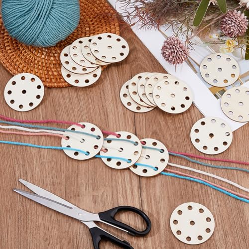DICOSMETIC 36Pcs Wood Weaving Cards Round Loom Cards 2.15x2.15x0.1 Inch Tablet Weaving Supplies Burlywood 10 Hole Knitting Card for Gift DIY Tapestry Handcraft Tool, Hole: 6mm - size: 5.45x0.25cm