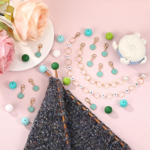 COGCHARGER DIY Knitting Tool Sets 32Pcs Including Alloy Enamel Crochet Stitch Markers Knitting Row Counter Chains Silicone Knitting Needle Stoppers for Knitting Project（Sea Green）