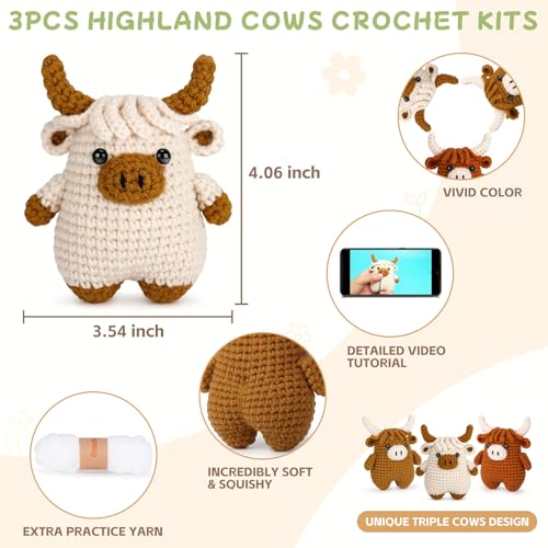 Fortuning's JDS Crochet Kit for Beginners - Crochet Highland Cow Beginner Crochet Kit for Adults, Complete Scottish Cow Crochet Animal Kits, Easy Crocheting Knitting Starter Kits Gifts - color: Brown Highland Cow