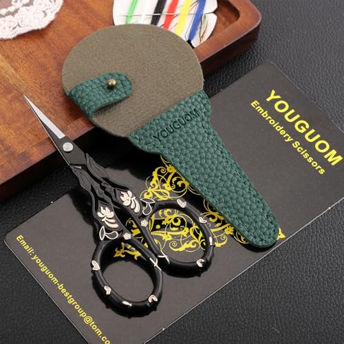 YOUGUOM Sewing Embroidery Scissors with Cover, Crochet Snips | Small, Sharp, Precision, Left/Right Handed, DIY Tool Kit, for Craft, Needlework, Cross Stitch, Yarn, Detail, Threading, Black - color: Golden Black