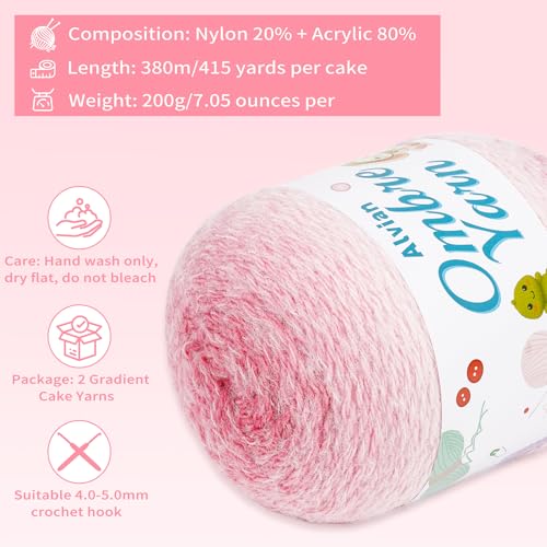 Alvian Ombre Crochet Cake Yarn for Crocheting, 2 Large Skeins Gradient Cake Yarn 200g (7.05 oz) 380m (415 Yards), Ombré Yarns Cake Rainbow Cotton Yarn for Blankets, Scarves, Shawls (Pink) - color: Pink