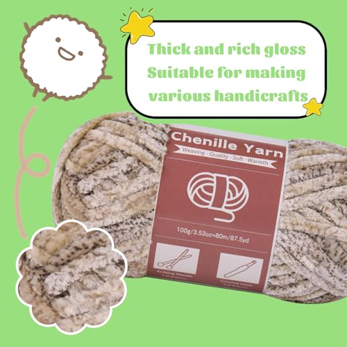 LUNARM Chenille Yarn for Crochet Knitting Chunky Blanket Velvet Yarn | 3 Pack 3.5oz/100g 263 Yard Light Khaki Gradient Yarn for Beginners Knitting Scarves with Big Eye Needles Machine Washable - color: Light Khaki Gradient