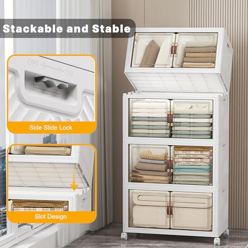 UAMFURI Stackable Storage Bins, 448QT Collapsible Drawers with Lid & Wheels | Large Capacity, Magnetic Door, Stack Lock, Rolling Casters, Foldable Design, Organizers and Storage for Bedroom Dorm Garage - color: White-112qt, size: 4Pack with 1 top lid