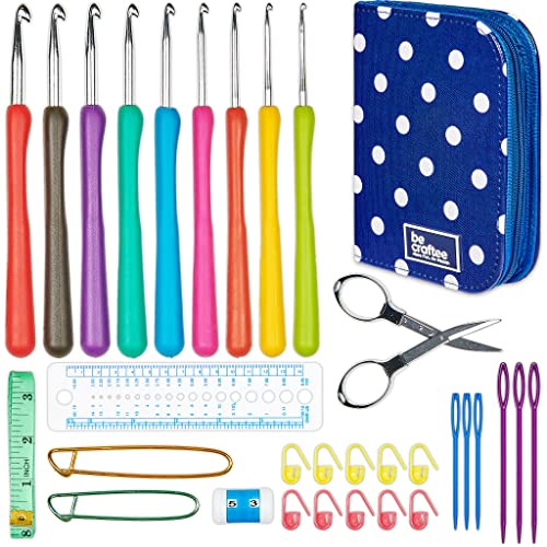 BeCraftee Crochet Hooks Kit - 31 Piece Set with 9 Ergonomic Hook Sizes, 6 Yarn Needles, Additional Knitting & Crochet Supplies and Carrying Case, for Adults and Kids, Comfortable/Easy to Use