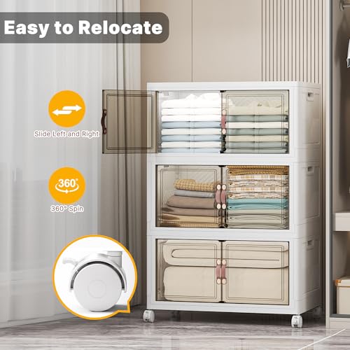 UAMFURI Stackable Storage Bins, 336QT Collapsible Drawers with 1 Lid | Large Capacity, Magnetic Door, Stack Lock, Rolling Wheels, Foldable Design, Organizers and Storage for Bedroom Dorm Garage - color: White-112qt, size: 3Pack with 1 top lid