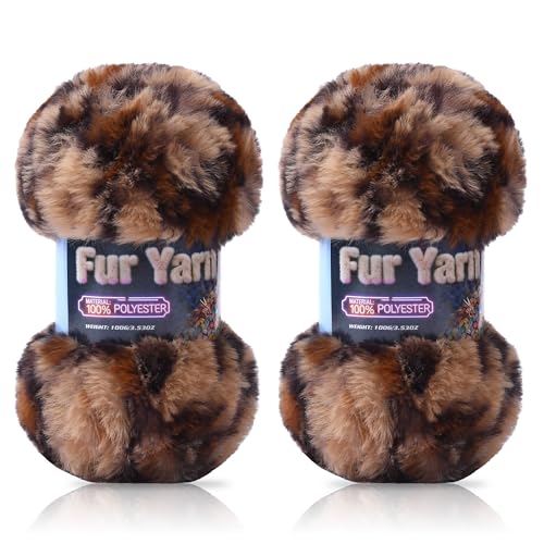 Faux Fur Yarn Soft Fluffy for Crocheting - 2 Skeins(Each 3.5oz/100g, 71yd/65m) - Chunky & Fluffy Yarn for Crochet Amigurumi, Blankets, Hand Knitting, Scarves &Crafts (2, Khaki + Brown) - color: Khaki + Brown Green