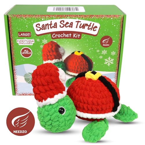 Needzo Christmas Crochet Kit Large Santa Sea Turtle, Everything Included, Step-by-Step Video Tutorials, DIY Knitting Supplies