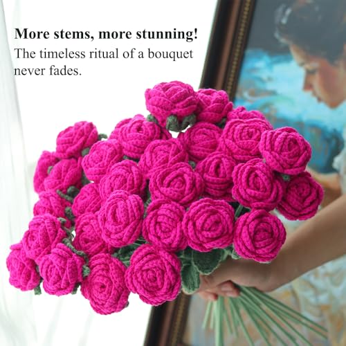 10PCS Hot Pink Crochet Roses | 16.1 in x 2.36in; wool yarn + thin iron wire stem; 100% hand crochet; vase filler, DIY wreath, bouquet, home decor, gift - color: Hot Pink