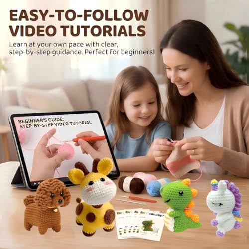 LeRoWen Animal Crochet Kit for Beginners - Makes 9 Animals, DIY Amigurumi Craft Set with Yarn, Hooks & Video Tutorials - Gifts for Beginners, Adults & Craft Lovers