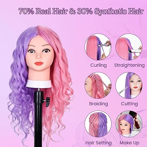 MYSWEETY Mannequin Head with Hair, Doll Head for Hair Styling, 26" Manikin head with 70% Real Human Hair Cosmetology Makeup Hairdressing Training Head with Clamp Holder and Tools - color: Purple & Pink