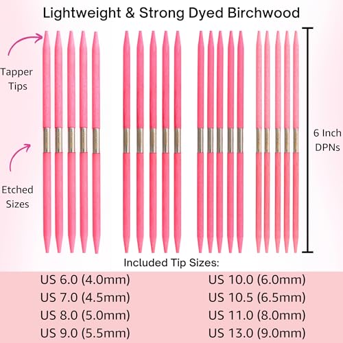Lykke Blush Large 6-inch DPN Knitting Needles Set | Large US 6, 7, 8, 9, 10, 10.5, 11, 13 Magenta Case, Birchwood Semi-Sharp Tips, Project Bag - color: Blush-with-Magenta-Case