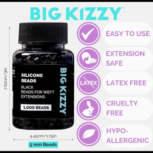 Big Kizzy Silicone Lined Microlink Beads 1000pcs 5.0mm (Black) | for Invisible Application of Weft Hair Extensions - color: Black, size: 1000 beads