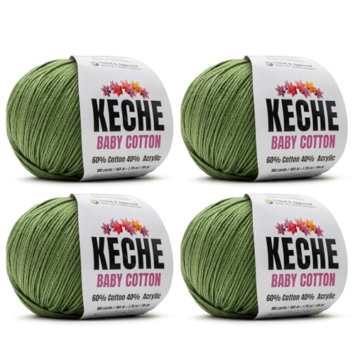 Keche Baby Cotton, 60% Cotton 40% Acrylic Yarn, Soft Cotton Yarn for Crochet and Knitting, Amigurumi Yarn 4 Skeins/Balls [1.76 Oz (50g) / 180 Yrds (165m)] x 4 - Olive Green - color: OLIVE GREEN, size: 4 SKEINS
