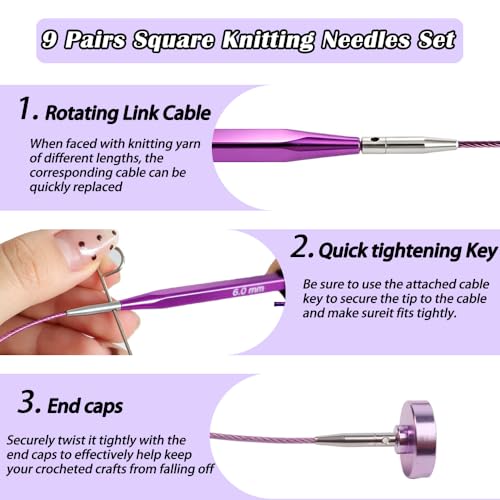 Yarniss 9 Pairs Square Circular Knitting Needles Set with Cable US 2.5~11 | 4.5" Aluminum Cubic Tips with 360°Rotating Cables & Storage Case,Interchangeable Knitting Needles Set with Case - color: Dark Purple