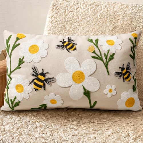 Embroidered Lumbar Pillow Cover 20x12 Inch, Flower Bee | Decorative Throw Pillow Cover, Floral Farmhouse Cushion Case with Hidden Zipper, Home Decor for Couch, Sofa, Living Room - color: Flower Bee, size: 20" x 12" (Pack of 1)
