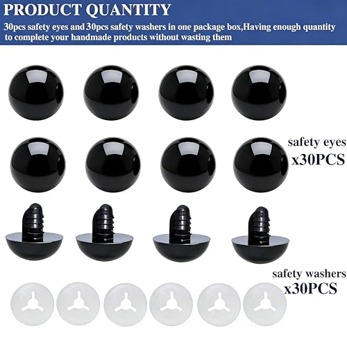 Thalinfayi 24mm Solid-Black Safety Eyes Craft Eyes for Amigurumi Crocheting | 60pcs Plastic Crochet Eyes and Washers for DIY Stuffed Plush Animals & Handmade Crafts ,Gloosy Smooth Surface, Even Color - size: 24mm