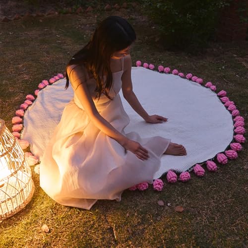 vctops Flower Bouquet Knitted Throw Blanket, Cute Roses Bouquets Handmade Crochet Round Blankets, Pink Roses Soft Small Throws Gifts for Girls, Women, Wife (Pink,Diameter 43") - color: Pink, size: Kids,Diameter 43"