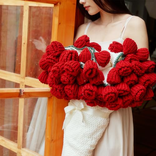 vctops Flower Bouquet Knitted Throw Blanket, Cute Roses Bouquets Handmade Crochet Round Blankets, Red Roses Soft Small Throws Gifts for Girls, Women, Wife (Red,Diameter 43") - color: Red, size: Kids,Diameter 43"